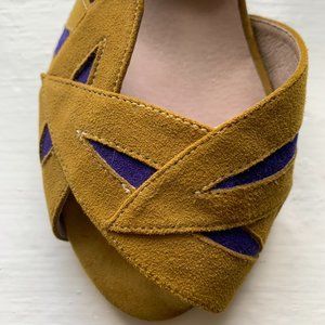 Anthropologie-Faryl Robin Suede Peep Toe Heels. Mustard Yellow w/ Purple Cutouts